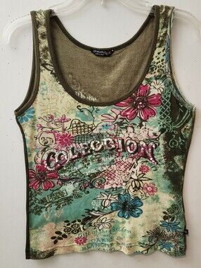 Chaudry KC Boho Floral Tank Top Sequins Graphic Mix Media Art Print Y2k Womens L